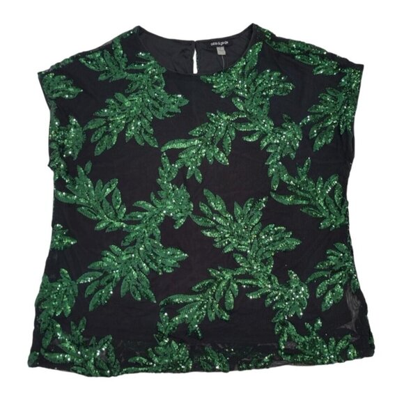 Cable & Gauge Women's Green Sequin Leaf Print Short Sleeve Blouse, 1X, NWT - Picture 1 of 9